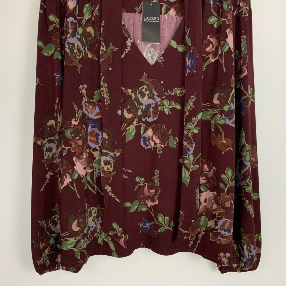 New Lauren Ralph Lauren Floral Stretch Jersey Tie-Neck Long Sleeve Blouse Sz XL - Picture 5 of 16